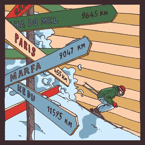 Cartoon skier at a signpost.