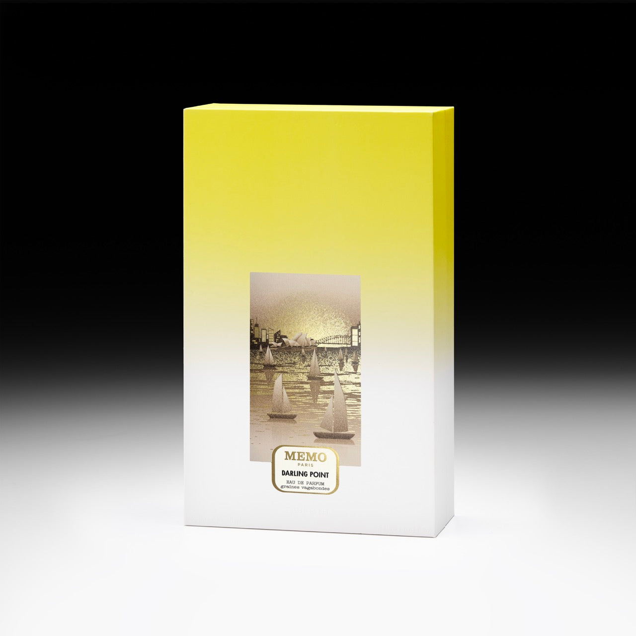 A sleek yellow to white gradient box of memo paris darling point eau de parfum with sepia sailboat illustration in darling point essences set — vue alternative