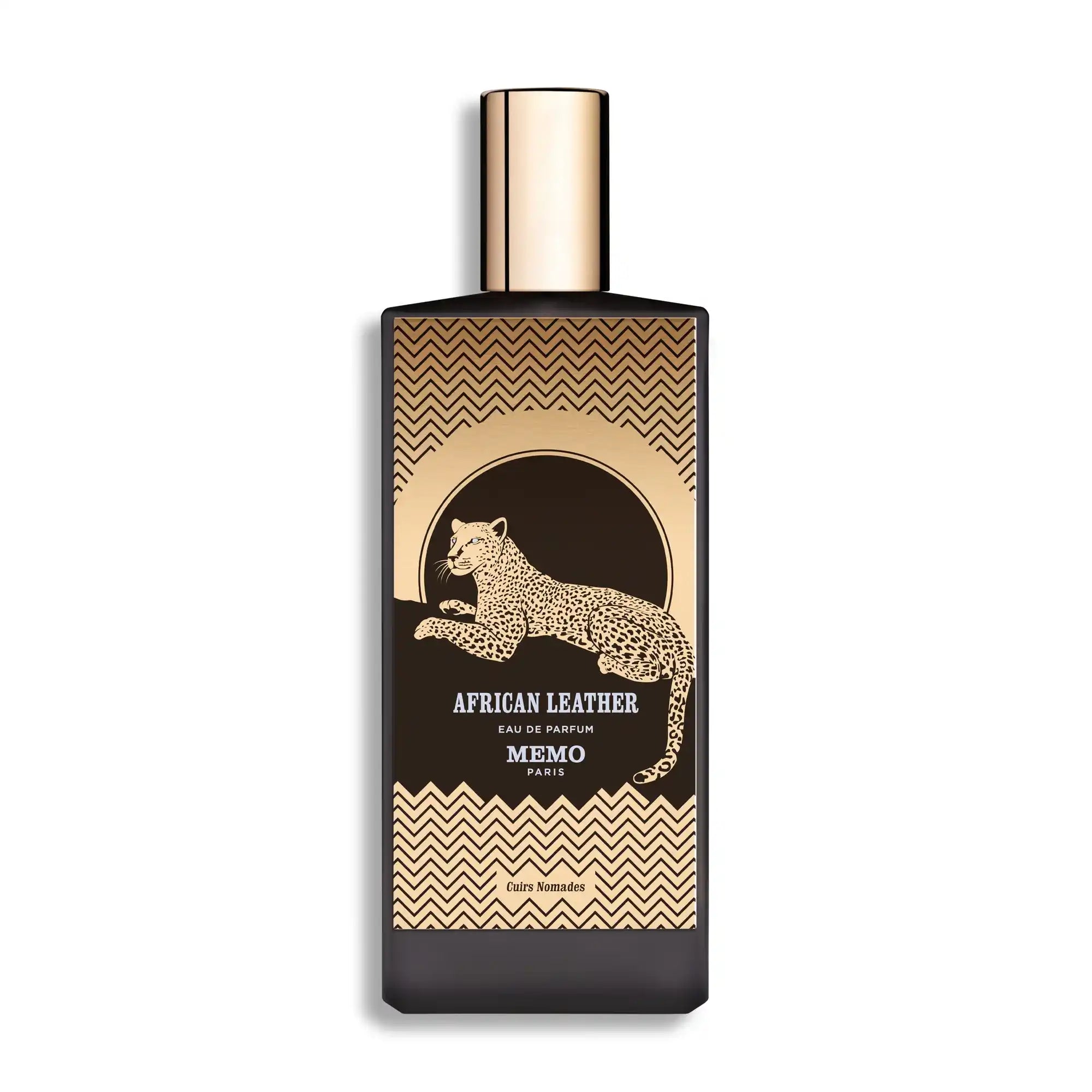Black perfume bottle with gold accents.