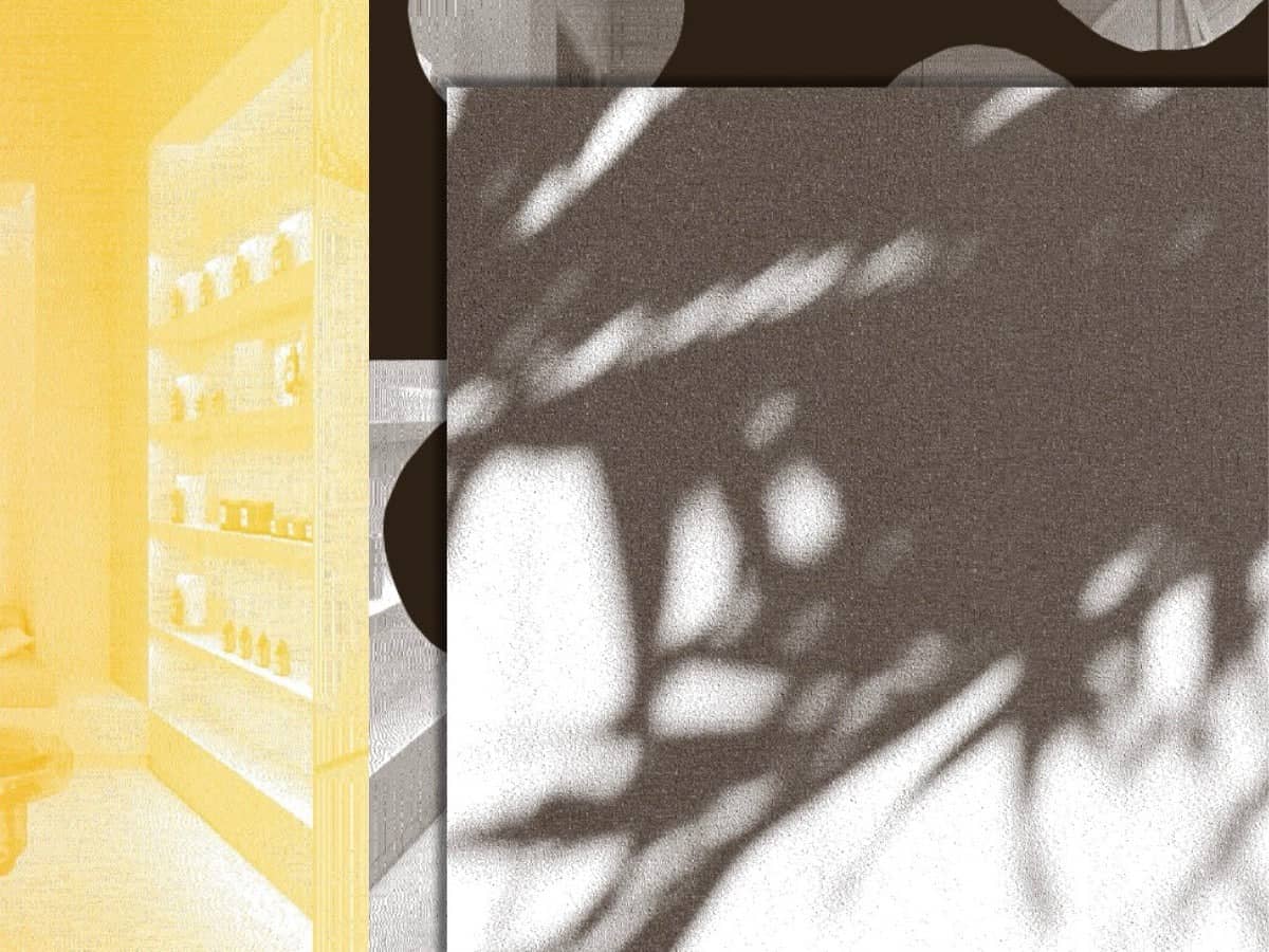 The image is a collage of abstract, stylized elements including monochrome leaf shadows and yellow-toned shelves with indistinct objects.