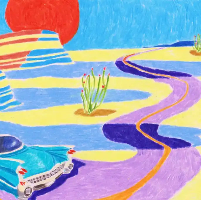 Colorful desert road trip drawing.