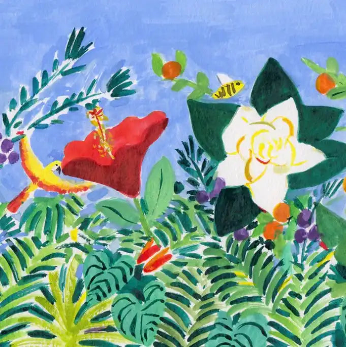 Colorful tropical garden scene.