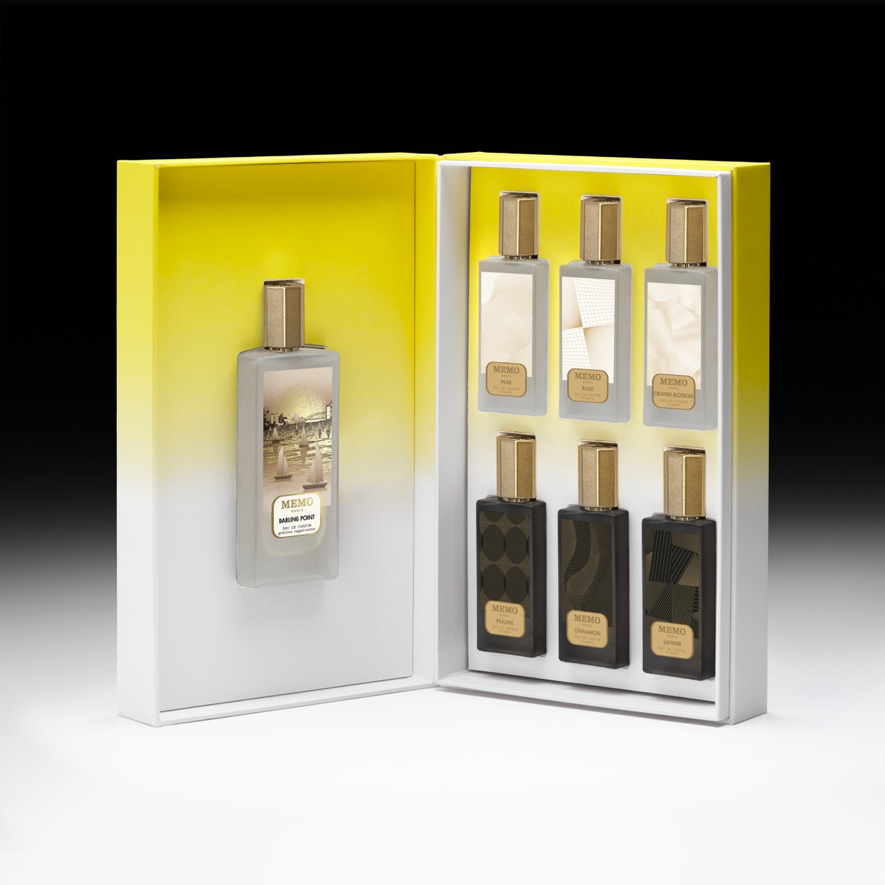 Elegant darling point essences set with six silver and black glass perfume bottles in a yellow-to-white gradient box
