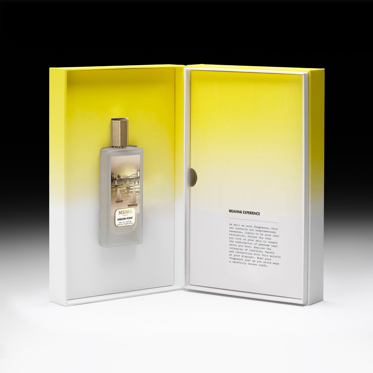 A transparent glass perfume bottle with a gold cap and memo label in a yellow to white darling point essences set box