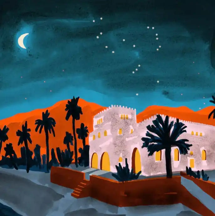 Desert palace under starry sky.
