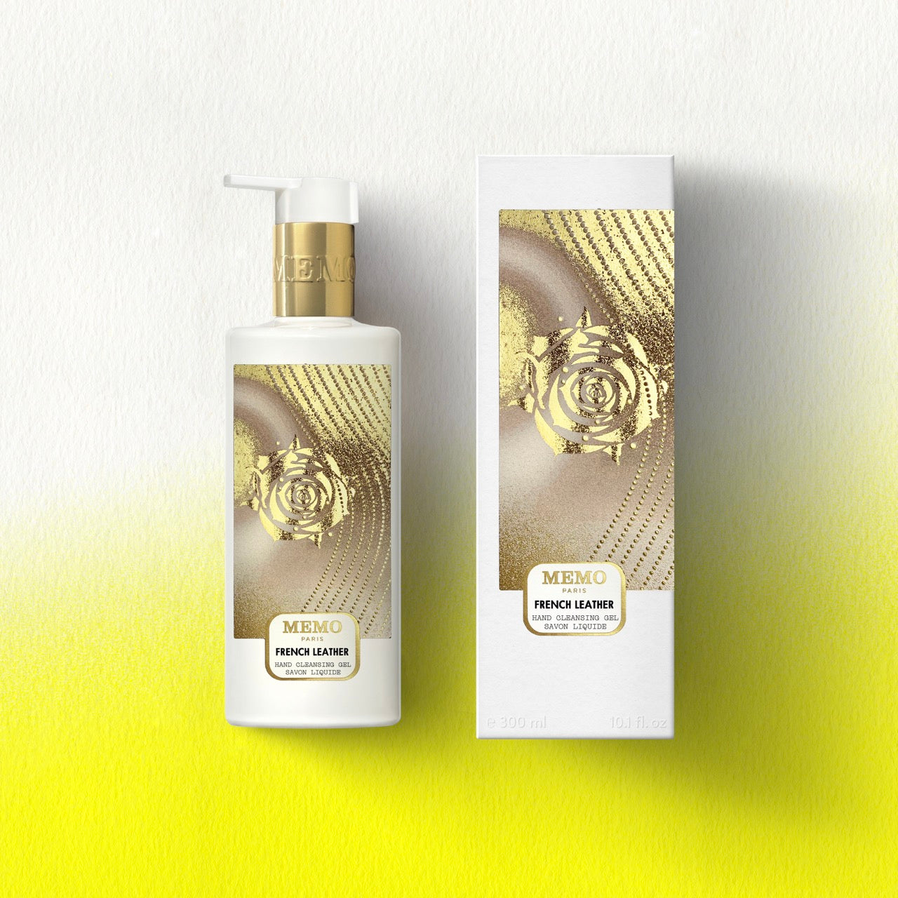 White bottle with gold pump and rose design labeled memo paris french leather liquid hand cleansing gel for liquid hand use — vue alternative