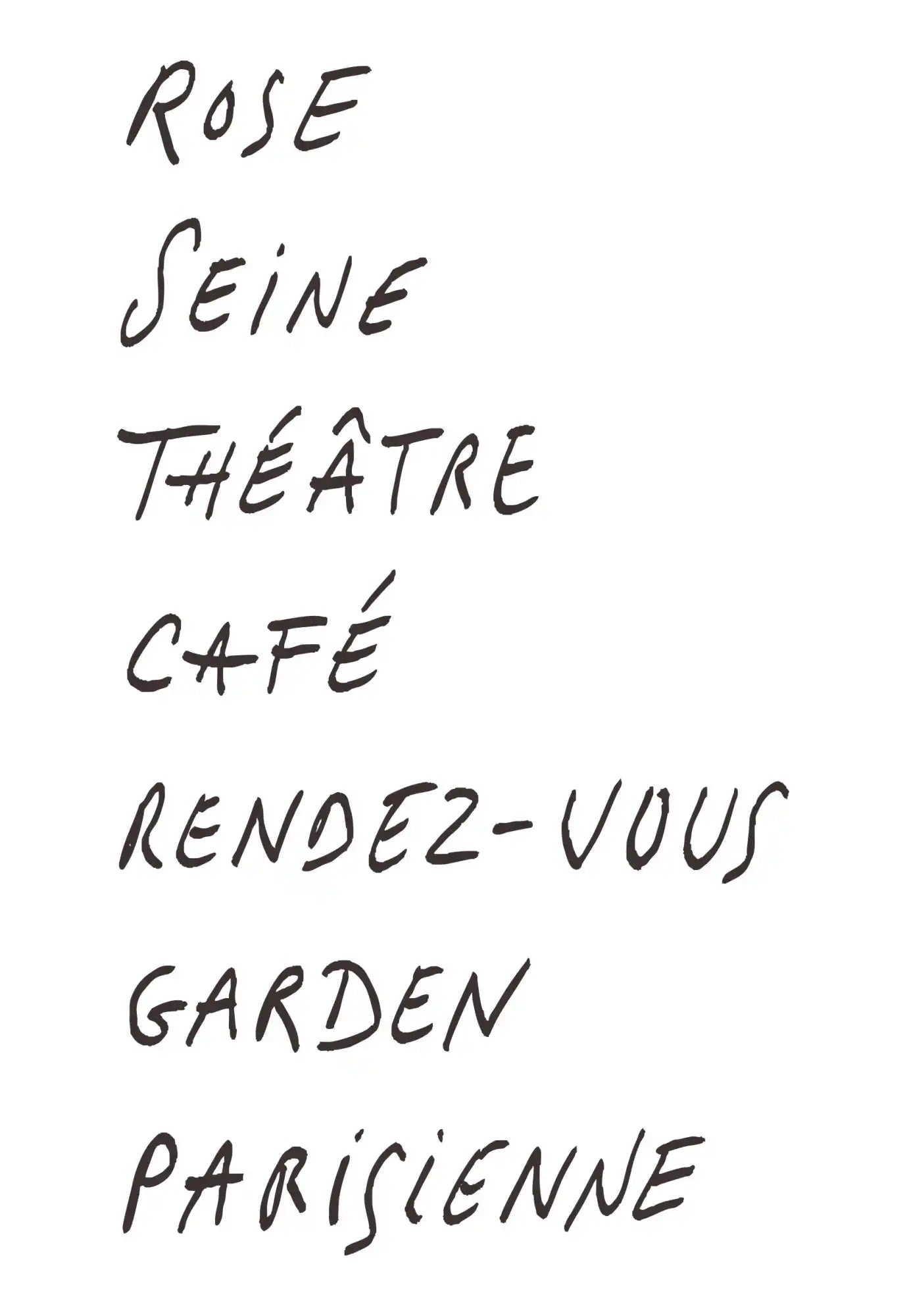 A list of French words written in a casual, handwritten style.