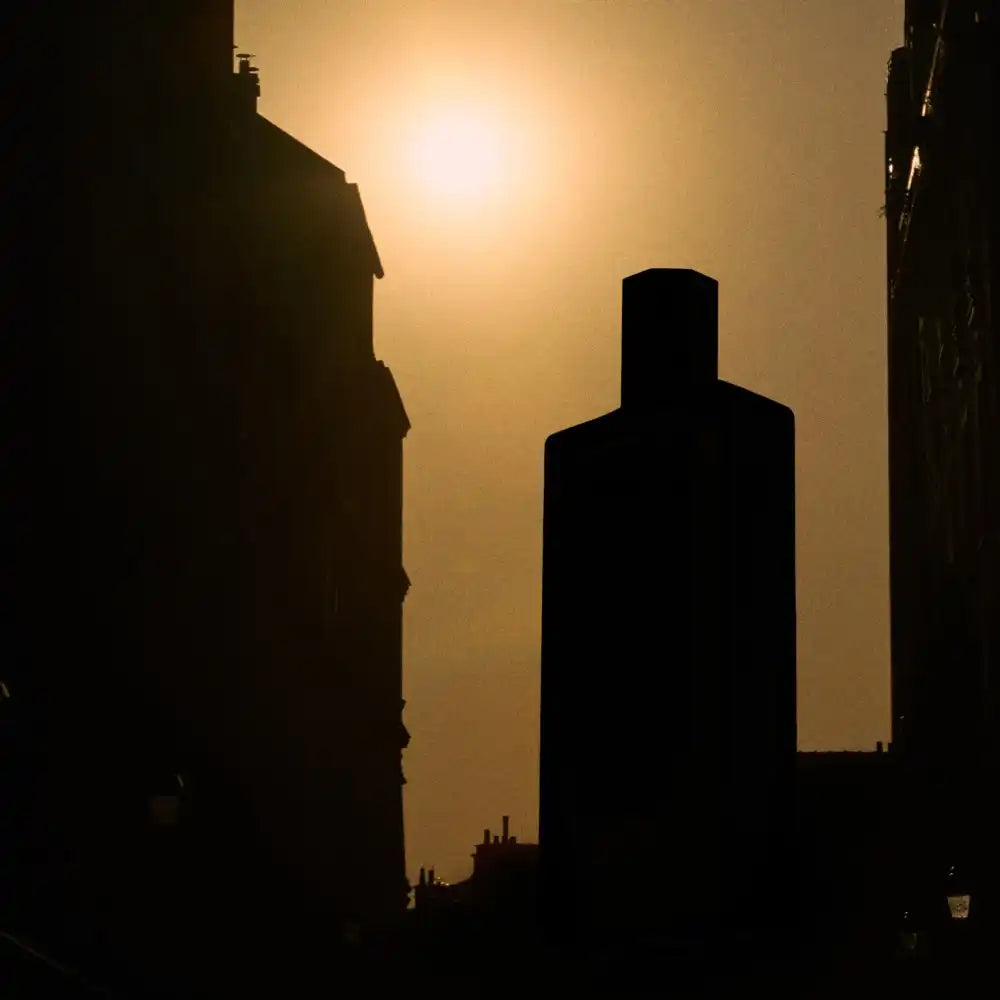 Silhouetted bottle-shaped building against a hazy sky.