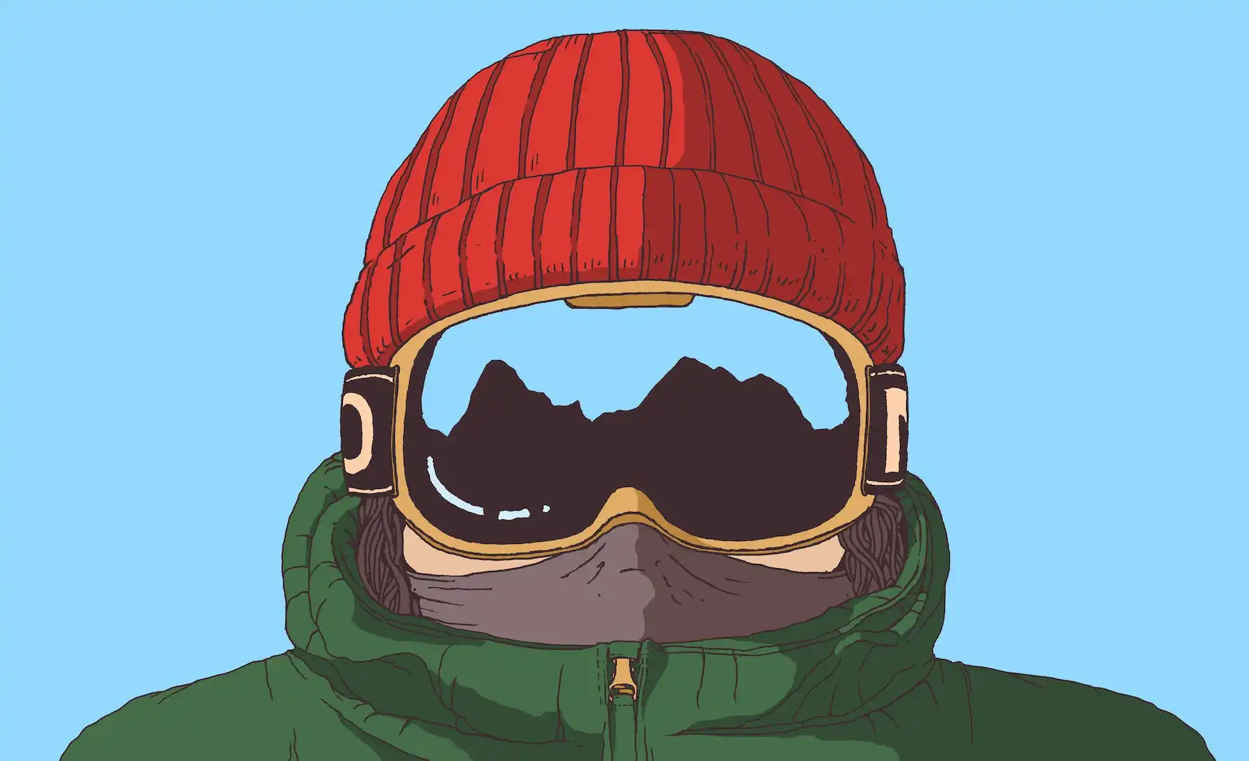Snowboarder with red beanie and goggles.