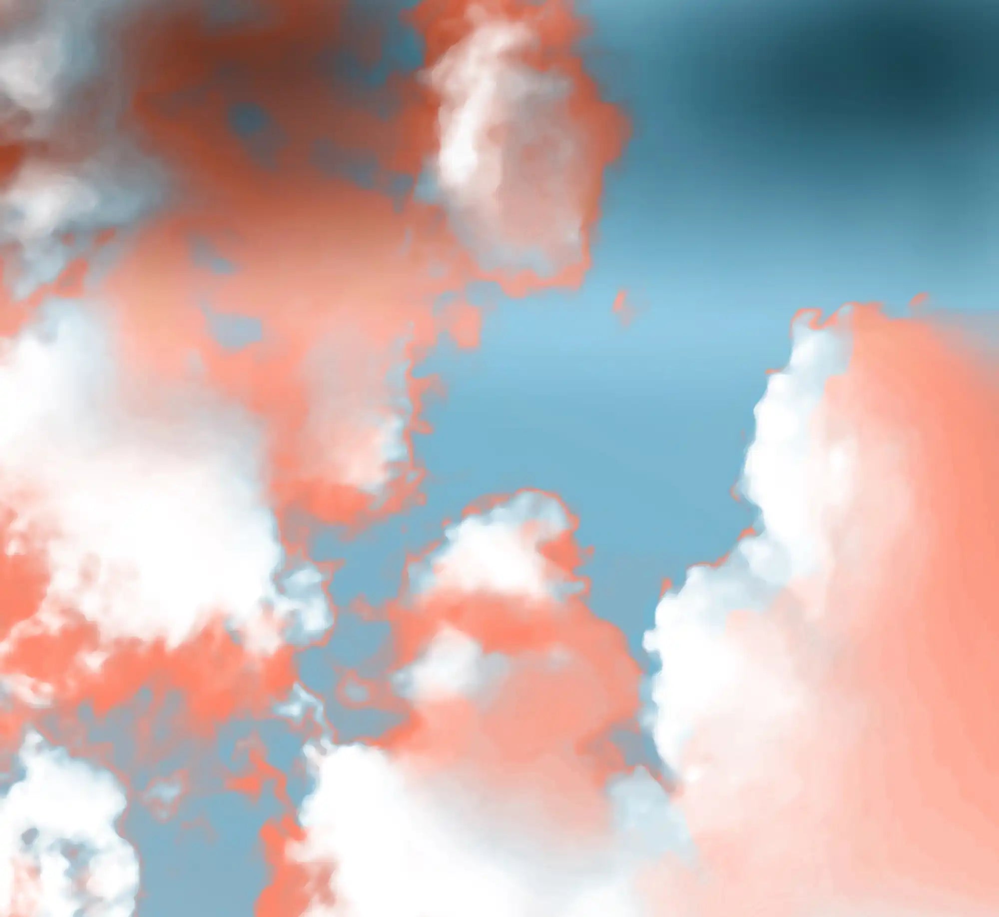 Vibrant clouds in shades of coral and white against a blue sky.