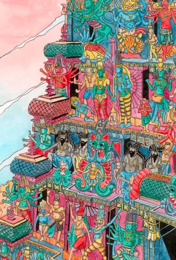 Vibrant, multi-tiered temple with intricate carvings and colorful deities in teal, red, gold, and pink hues.