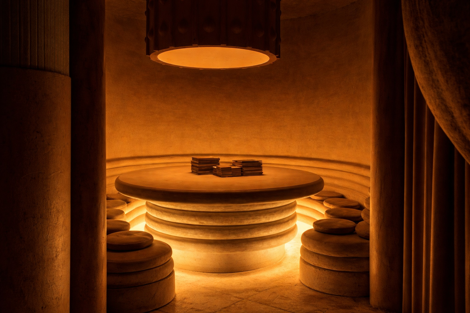 A warm-toned, circular stone table with tiered concentric rings and a softly glowing base.