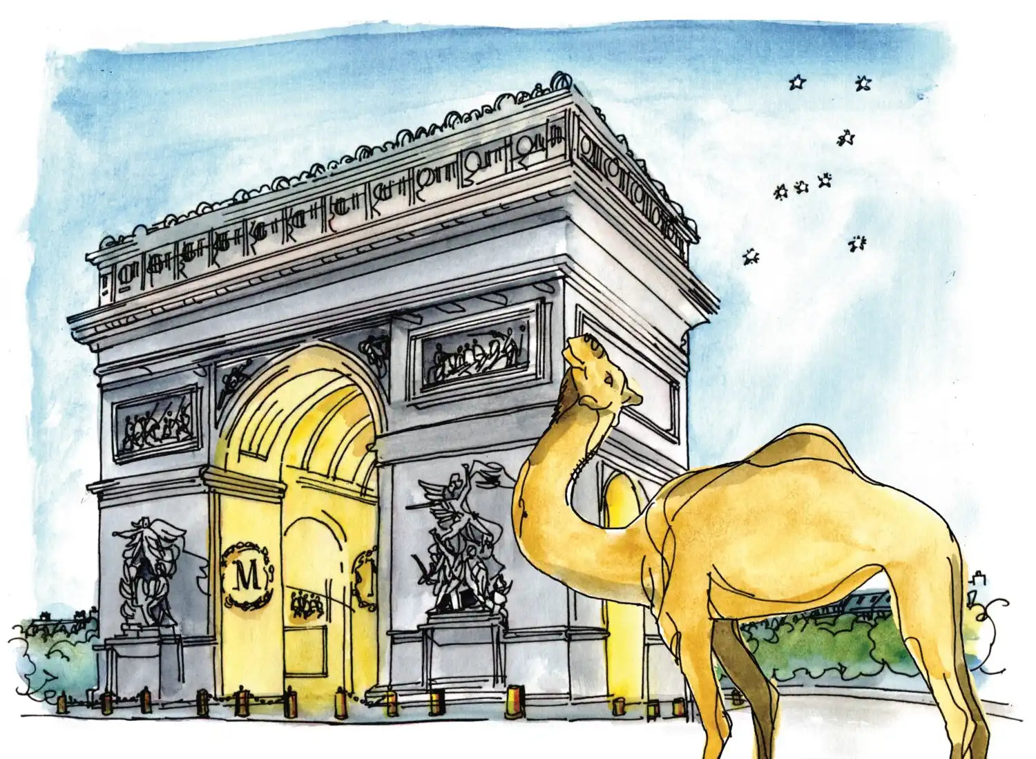 Watercolor illustration of a camel in front of the Arc de Triomphe.