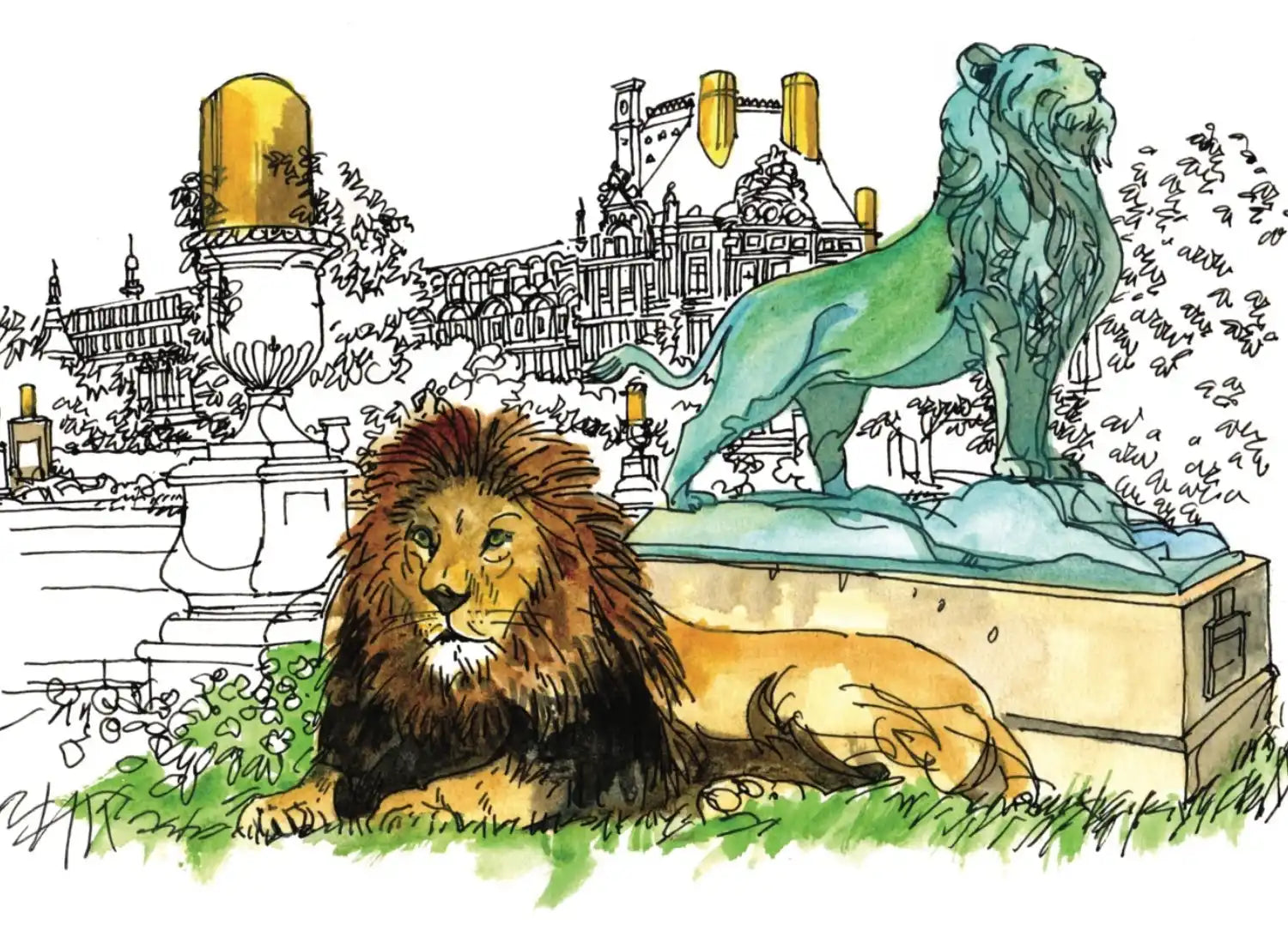 Watercolor lion scene.